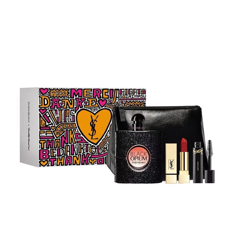 YSL Saint Laurent Black Opium Three-piece Set 2024 Valentine's Day Limited Black Opium Gift Set [Perfume 90ml + #1966 Lipstick + Mini Mascara]